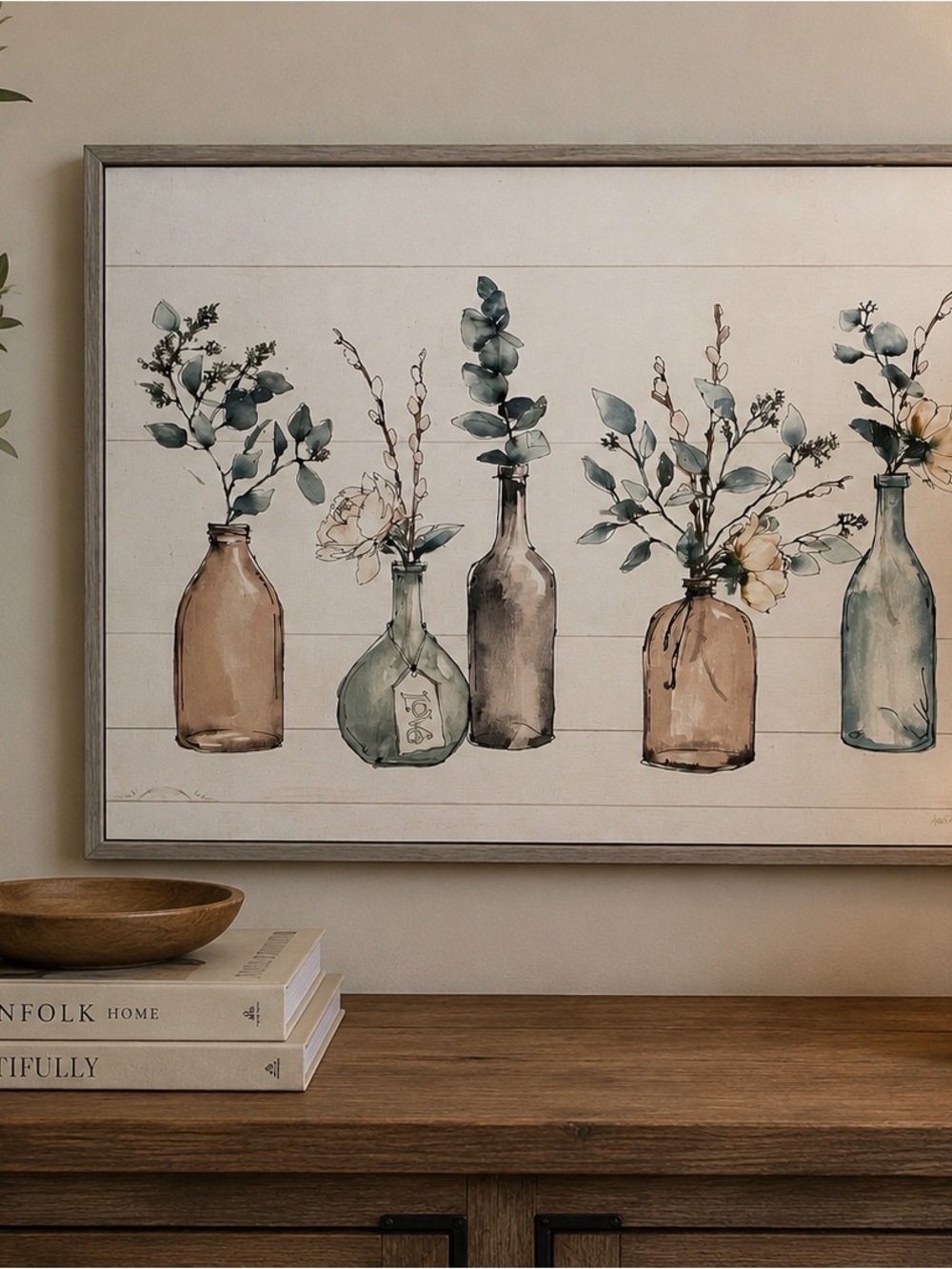 Botanical Bottle Wall Art in Teal and Brown - Home Accents Decor